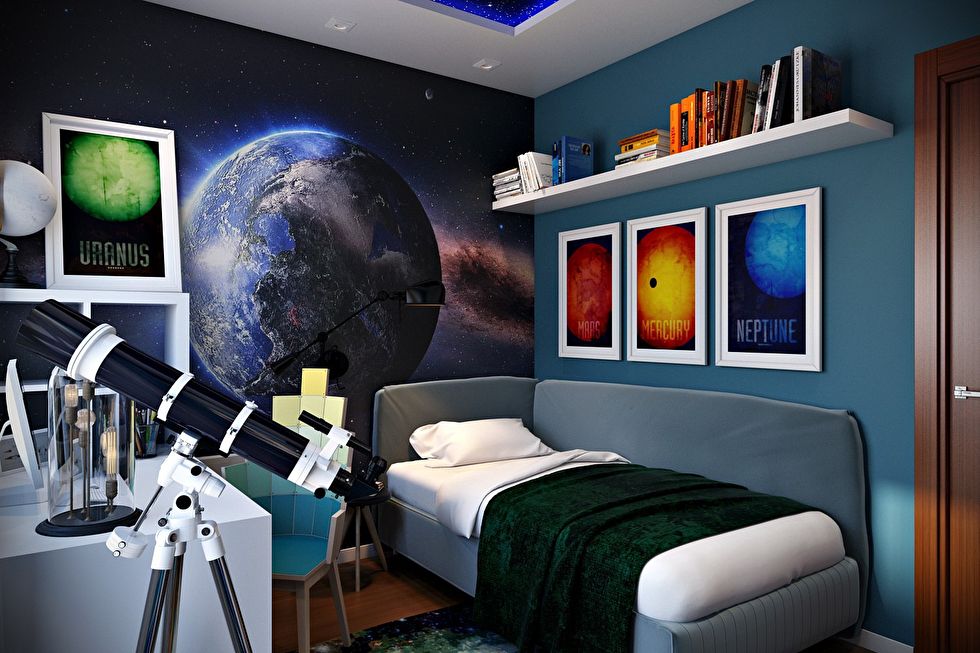 Детская для юного астронома, интерьер комнаты в космическом стиле - фото 2